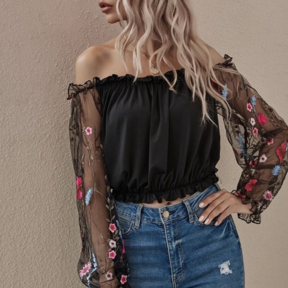 Boho Black Floral embroidered off shoulder Top - Picture 7 of 8